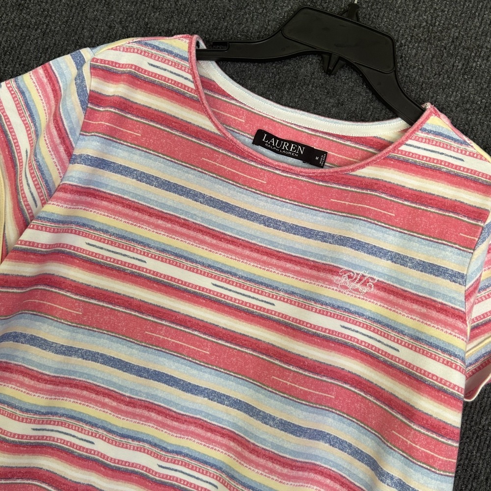 Lauren Ralph Lauren Women's M Cap Sleeve Shirt Pastels Striped Pockets Preppy